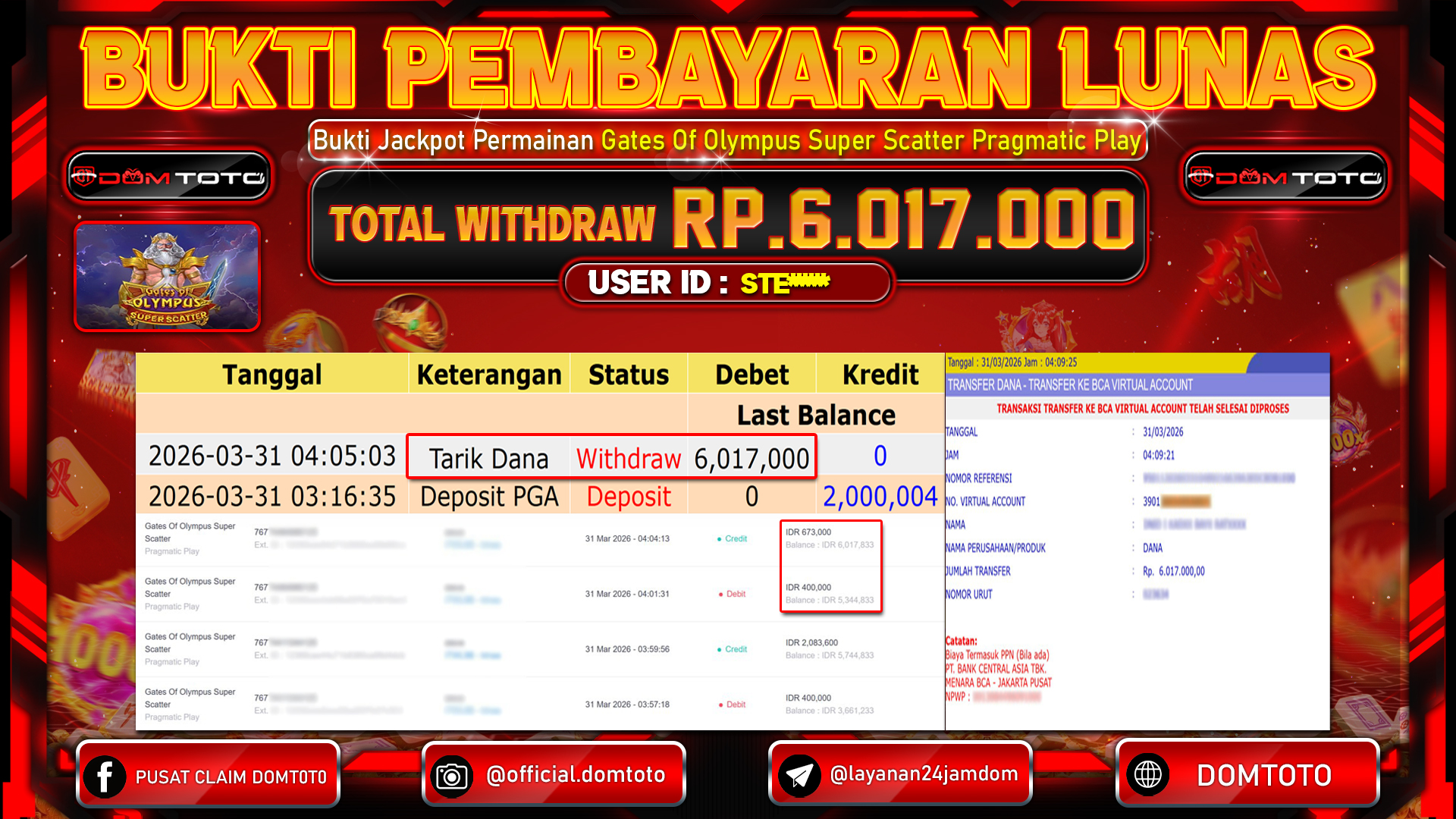 JACKPOT SLOT Gates Of Olympus Super Scatter Pragmatic Play 31 MARET 2026